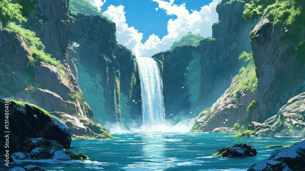 River flows over moss-covered rocks, the water crystal clear as it ...