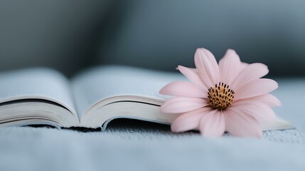 Poster - Delicate pink daisy flower resting on open book pages with soft blurred background creates serene, romantic mood for reading, literature and nature concepts.