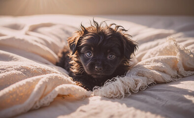 Poster - Small black puppy is laying on a bed with a white blanket. The puppy is looking up at the camera with its eyes wide open. Concept of innocence and curiosity