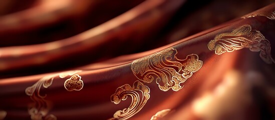 Poster - Luxurious brown silk fabric with golden floral ornaments flowing in elegant waves creates rich textile background for luxury design projects.