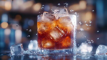 Poster - Glass of cold cola drink with ice cubes and splashing droplets on dark background with bokeh lights, refreshing carbonated beverage for restaurant menu.