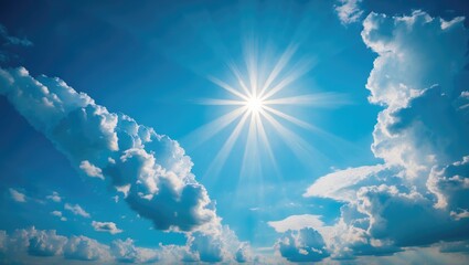 Wall Mural - Bright blue sky featuring fluffy white clouds and sun reflection. Sunny backdrop. The summer afternoon sun illuminates a stunning sky filled with clouds. Hot climate, summer season.
