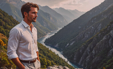 Aufkleber - Man in a white shirt stands on a mountain overlooking a river. The scene is serene and peaceful, with the man looking out over the landscape