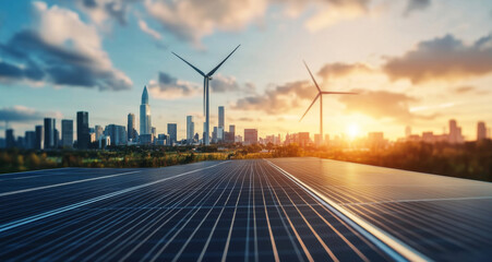 Aufkleber - Wind turbines and solar panels dominate the skyline during sunset, highlighting the blend of technology and nature in urban energy production.