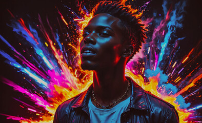 Poster - Man with a black jacket and a necklace is standing in front of a colorful explosion. The explosion is made up of bright colors and sparks, creating a dynamic and energetic atmosphere. The man's