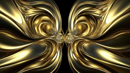 Poster - Symmetrical abstract golden swirls and flowing fluid reflective shapes