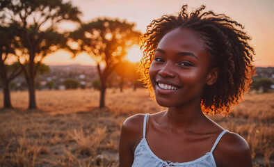 Aufkleber - Woman with curly hair is smiling in front of a sunset. Scene is happy and peaceful