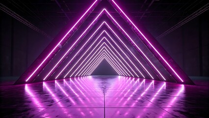 Poster - Neon pink triangle light tunnel. Futuristic, abstract background.