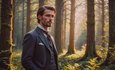 Poster - Man in a suit stands in a forest, looking at the camera. Scene is serious and contemplative