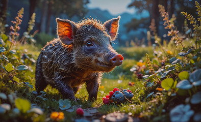 Poster - Pig is standing in a field of flowers and berries. The pig is eating berries and he is enjoying itself. The scene is peaceful and serene, with the pig being the center of attention