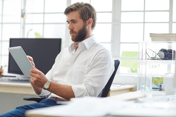 Poster - Office, man typing and professional with tablet, event coordinator and online to help client. Planning, male person and business chat at creative agency, communication app and website for email