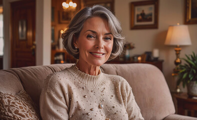Poster - Woman is sitting on a couch with a smile on her face. She is wearing a white sweater with a pearl necklace