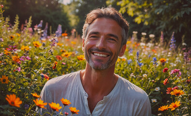 Aufkleber - Man is smiling in a field of flowers. Scene is happy and carefree