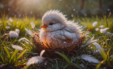 Poster - Baby bird is sitting in a nest in the grass. The bird is small and fluffy, and it is enjoying its time in the nest. The scene is peaceful and serene, with the bird surrounded by nature