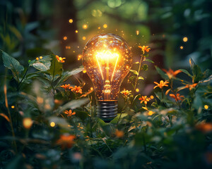 Poster - Glowing lightbulb nestled in lush greenery, orange flowers surrounding it, sparks emanating from the bulb, representing ideas, innovation, and nature's synergy