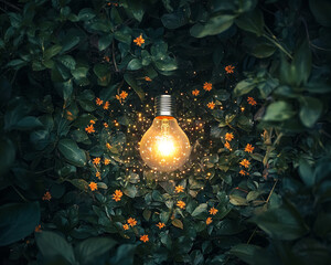 Aufkleber - Illuminated bulb nestled in lush green foliage, small orange flowers surrounding it, creating a magical, nature-inspired scene, symbolizing new ideas and growth