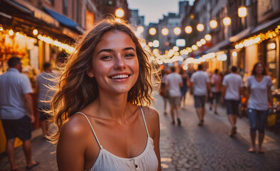 Aufkleber - Woman is smiling in front of a crowd of people. Concept of happiness and joy, as the woman is enjoying herself in the busy city street