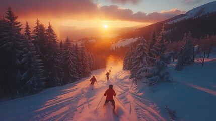 Aufkleber - Four skiers carve through untouched snow as the sun sets behind the mountains, creating a breathtaking view filled with warm colors and a serene winter atmosphere.