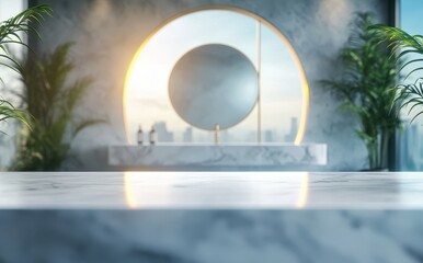 Poster - Modern bathroom interior with circular mirror, marble countertop, urban skyline view, and lush greenery creating a serene ambiance in a contemporary setting