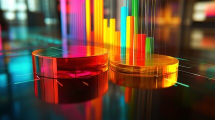 Poster - a vibrant, abstract representation of data visualization featuring colorful bars and circular elemen