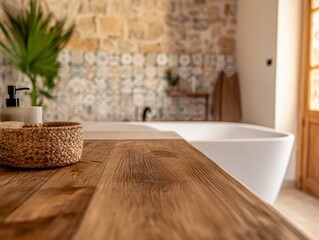 Poster - Modern Bathroom Interior with Natural Elements and Textured Wall, Featuring Open Tub and Wooden Countertop for Relaxation and Serenity