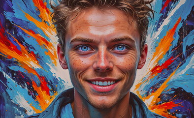 Poster - Man with blue eyes and a smile is the main focus of the image. The background is filled with bright colors and splatters, giving the impression of a vibrant and energetic scene. Scene is cheerful and