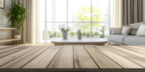 Aufkleber - A rustic wooden table with a blurred bright living room in the background, featuring greenery and natural light. Ideal for product mockups, branding, and interior design