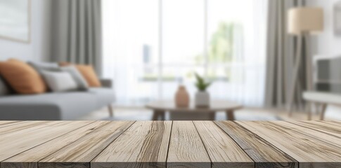 Aufkleber - A rustic wooden table with a blurred modern living room in the background, featuring soft lighting and neutral decor. Ideal for product mockups, branding, and interior design