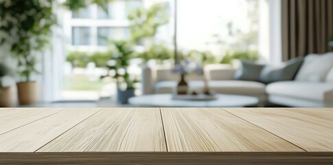 Aufkleber - A light wooden table with a blurred modern living room and greenery in the background, featuring natural light. Ideal for product mockups, branding, and interior design