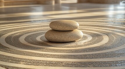 Fototapete - Centered smooth stones create a symbol of stability within concentric circles on sandy flooring during golden hour light