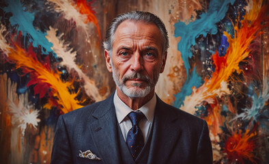 Poster - Man in a suit and tie stands in front of a colorful painting. The painting is full of bright colors and seems to be abstract. The man is looking at the painting, possibly admiring it or contemplating