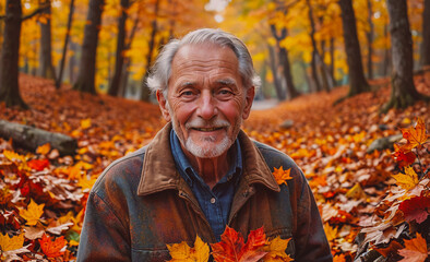 Aufkleber - Man is sitting in a field of autumn leaves. He is smiling and holding a leaf in his hand. Scene is peaceful and serene, as the man is enjoying the beauty of nature