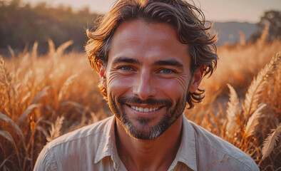 Aufkleber - Man with a beard and a smile is standing in a field of tall grass. He is wearing a white shirt and he is enjoying the outdoors