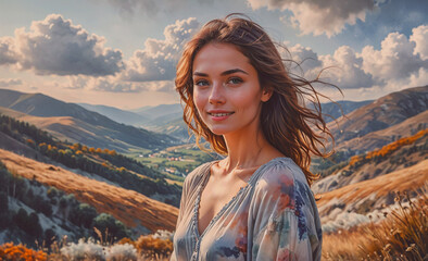 Aufkleber - Woman with long hair is standing in a field with mountains in the background. She is smiling and looking at the camera