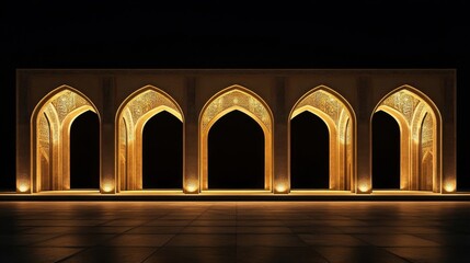 Poster - Illuminated arched structures with intricate designs and decorative elements in darkness