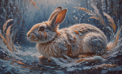 Poster - Rabbit is sitting in the snow with its head up. The rabbit is white and brown