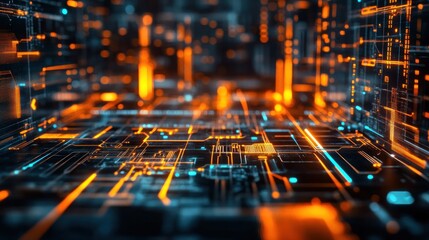 Abstract Digital Circuitry: A Glowing Network of Orange and Blue Pathways