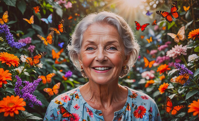 Aufkleber - Woman is smiling in a garden full of flowers and butterflies. Concept of happiness and joy, as the woman is surrounded by the beauty of nature. The butterflies add a whimsical and playful touch to the