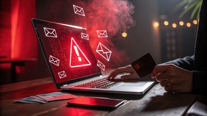 Poster - Cybersecurity Breach: A person engaging in an illegal activity with a credit card while a laptop displays a critical security alert notification.