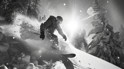 Poster - A skier is skillfully navigating down a snow covered slope, surrounded by pine trees, as sunlight glimmers through the branches on a clear winter afternoon.