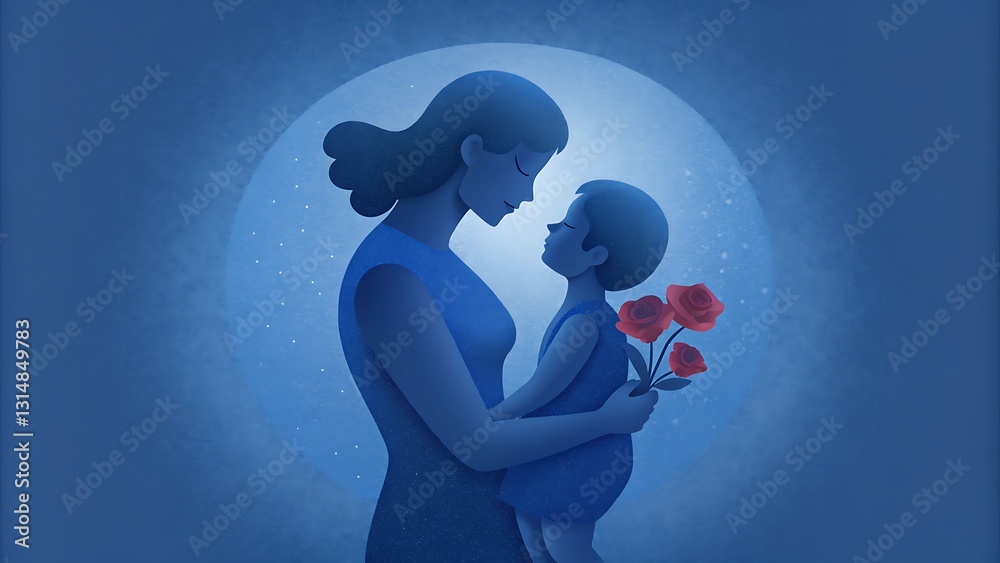 Stock-Illustration „Silueta de una madre abrazando a su hijo con rosas ...