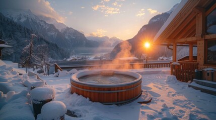Poster - A warm hot spring fills a wooden tub on a snowy terrace as the sun sets behind majestic mountains, casting a serene glow and creating a tranquil winter escape.