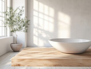 Poster - Modern Minimalist Interior with Natural Light, White Bowl, Wooden Table, and Indoor Plant in Bright Room Environment