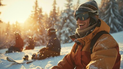 Poster - A group of friends relaxes on a snowy mountain slope, basking in the winter sunlight. One snowboarder smiles brightly while dressed warmly, surrounded by pine trees.