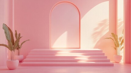 Poster - Soft pink hues fill a minimalist space as warm sunlight streams through an arch, highlighting steps lined with lush plants, creating a calm and inviting ambiance