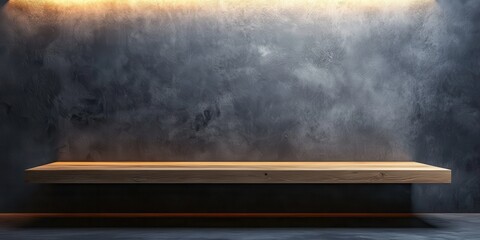 Poster - Modern Minimalist Wooden Shelf against an Industrial Gray Wall with Ambient Lighting for Contemporary Interior Design Inspiration