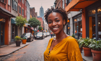 Poster - Woman in a yellow shirt is smiling and standing on a city street. The street is lined with shops and cars, and there are potted plants and trees in the background. The scene has a lively and cheerful