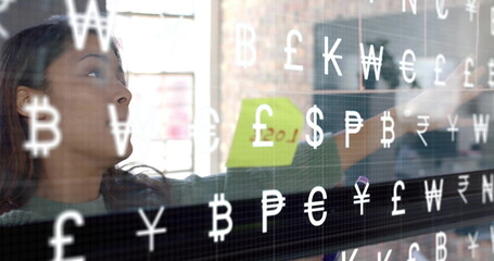 Poster - image of currency and data processing over diverse business people in office
