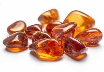 Poster - Natural Amber Stones in Varying Shapes and Sizes Showcasing Intricate Details with a Soft Glossy Finish on a White Background