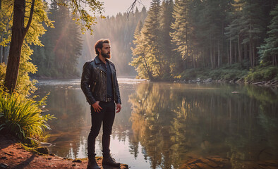 Aufkleber - Man stands on a river bank wearing a leather jacket. The scene is serene and peaceful, with the man looking out over the water